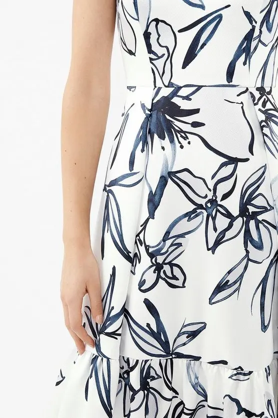Weixin High Quality Print Nipped-In Waist Flared Skirt V Neck Twill Dirndl Hem Sleeveless Elegant Dress Women Clothing