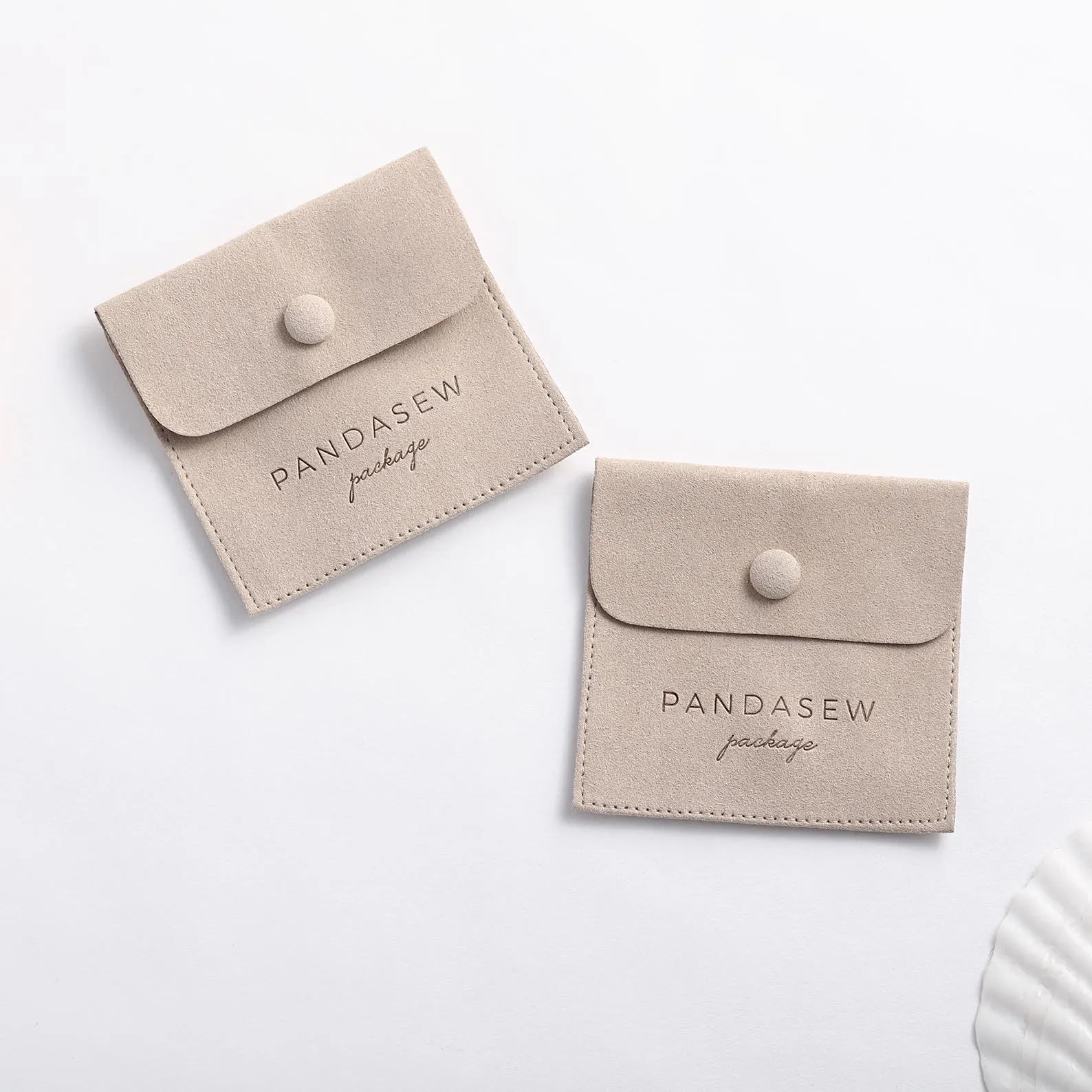 PandaSew Custom Logo Ring Packaging Suede Microfiber Snap Button Closure Jewelry Pouch Bags