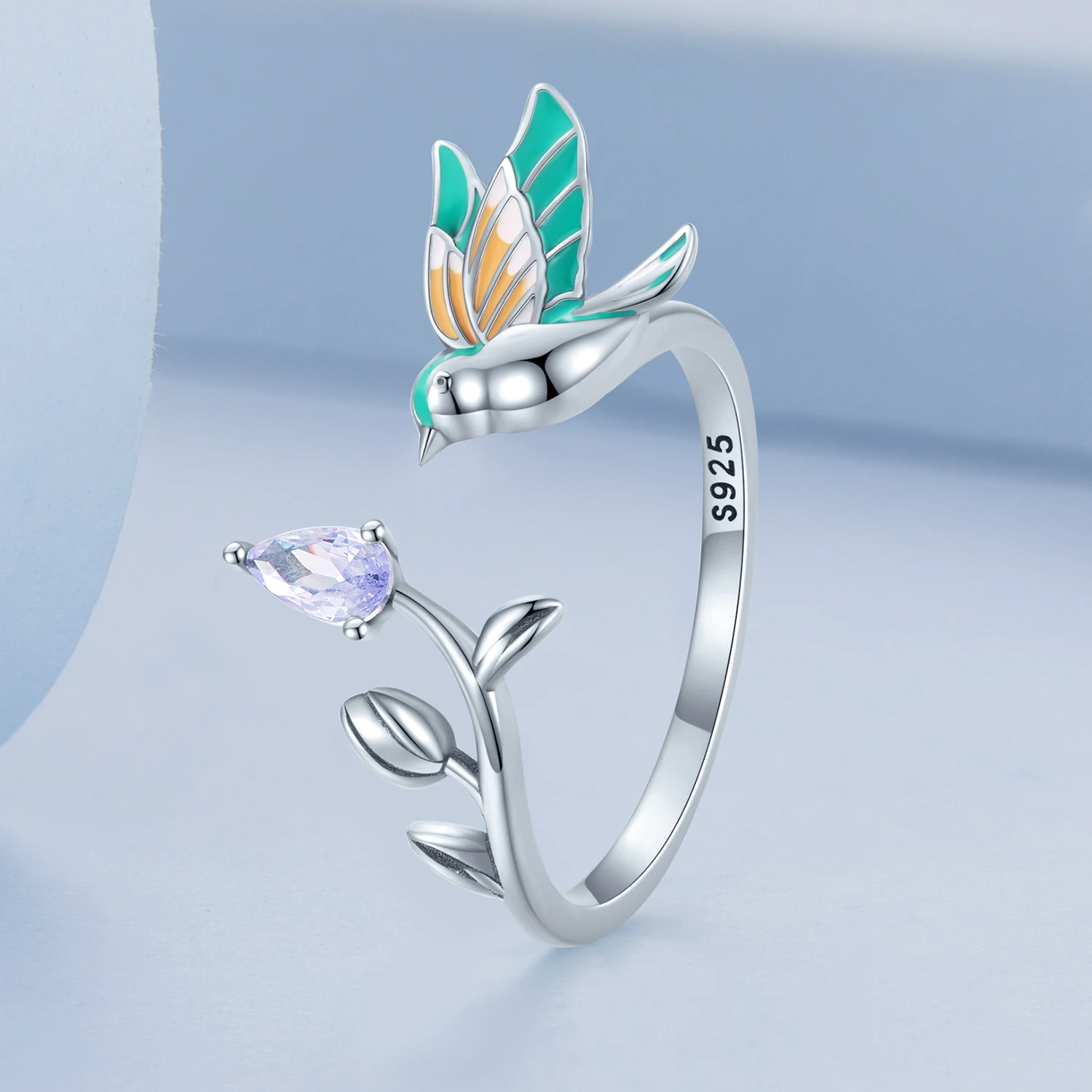 Summer Climber Crawler Bird Fashion Floral Ring 925 Sterling Silver Adjustable Open Ring for Women