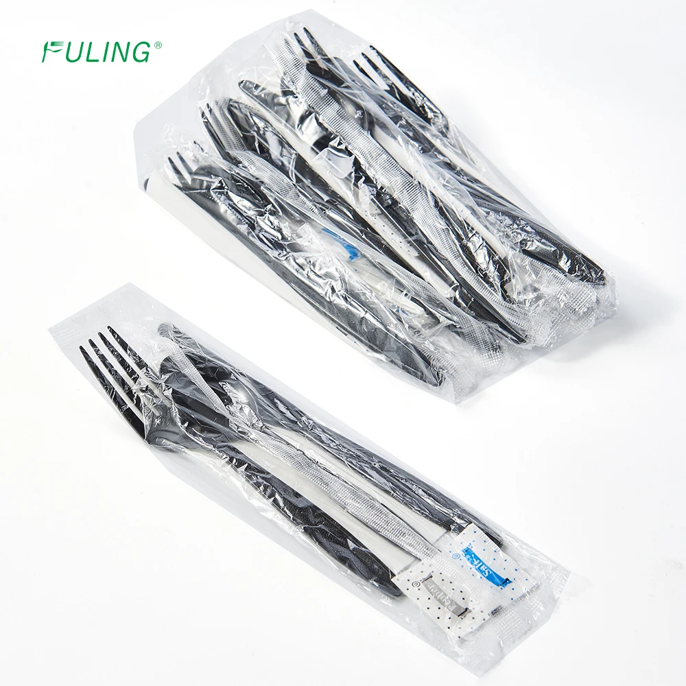 Fuling 6 In1 Heavy Weight PS Disposable dinnerware sets custom black fork and spoon knife plastic cutlery kit with napkin