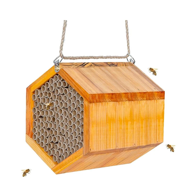 Bee House,Handmade Natural Wooden Bee Hive Coated with Wax for Water