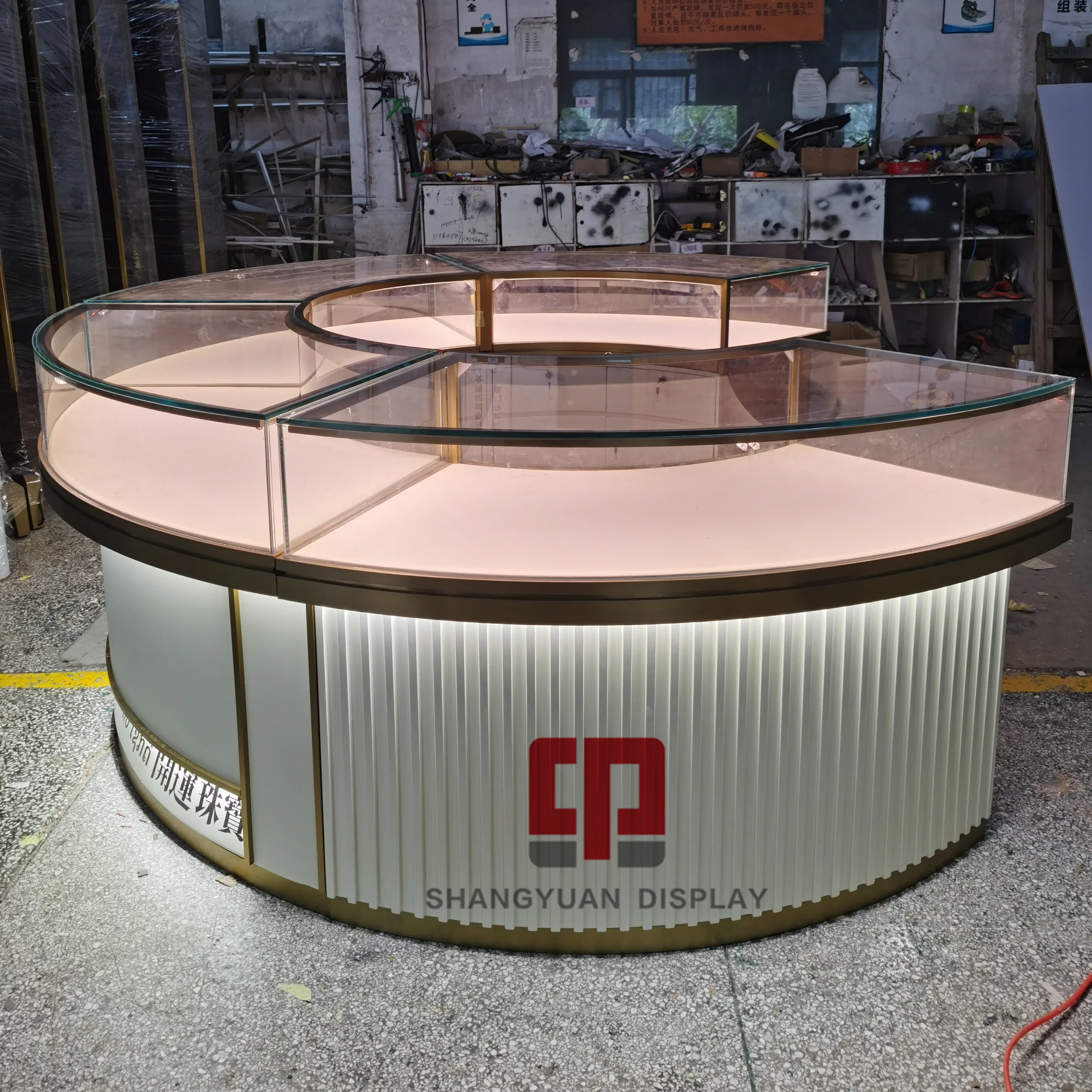 Высококачественный Витринный Шкаф для ювелирных изделий из красного золота, деревянная стеклянная витрина, Круглый счетчик ювелирных изделий из нержавеющей стали на заказ