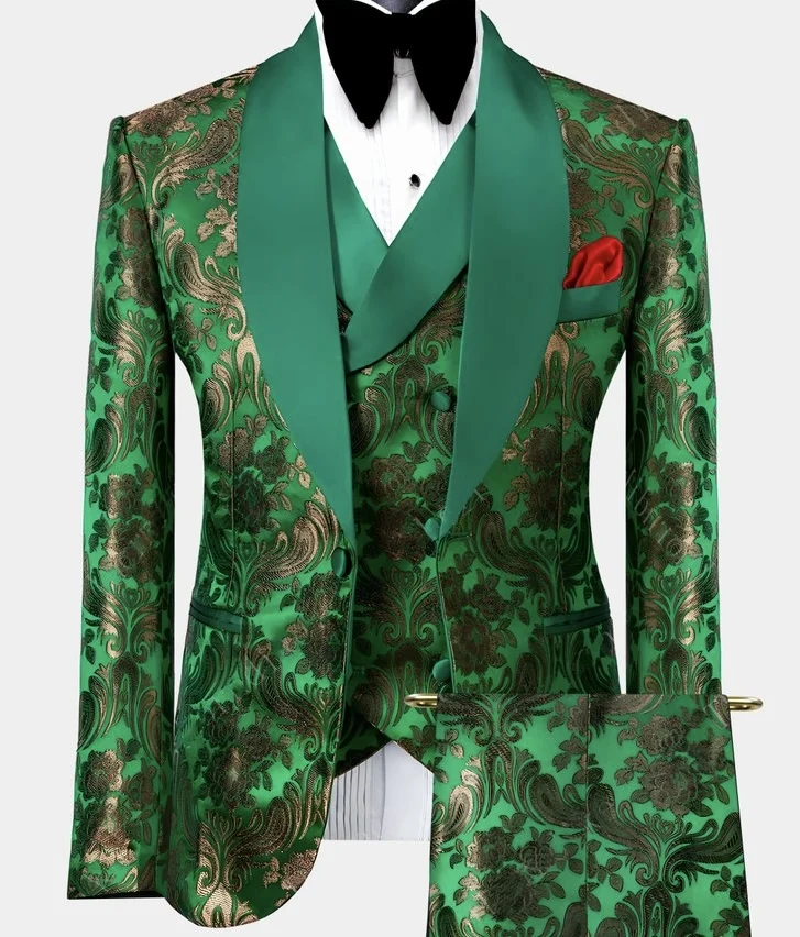 Tailor Made Classic Wedding Men Tuxedo Deluxe Bronze Floral Green Tuxedo 3 Piece Men Suits