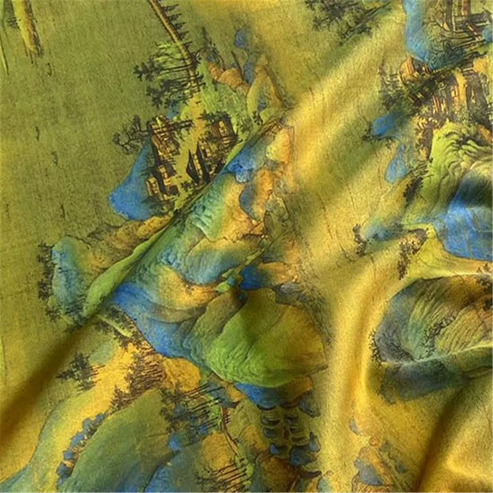 2024 Vintage Chinese Landscape Painting Printed Style Spandex Silk Stretch Satin Fabric for Lady Cheongsam