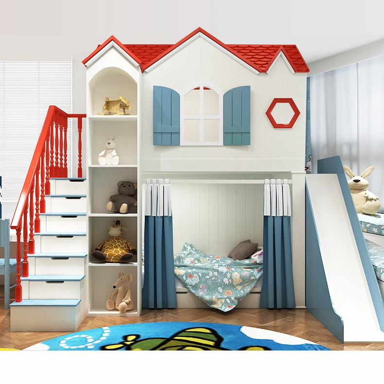 Customizable wooden children bed single bed solid wood cheap bunk bed with slide and ladder cabinets
