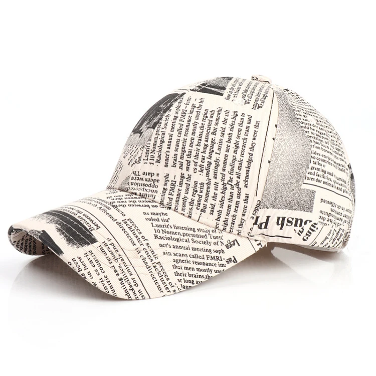 manufacture custom unisex outdoor washed newspaper print sport baseball cap colored cotton 6 panel dad hat and cap for men women