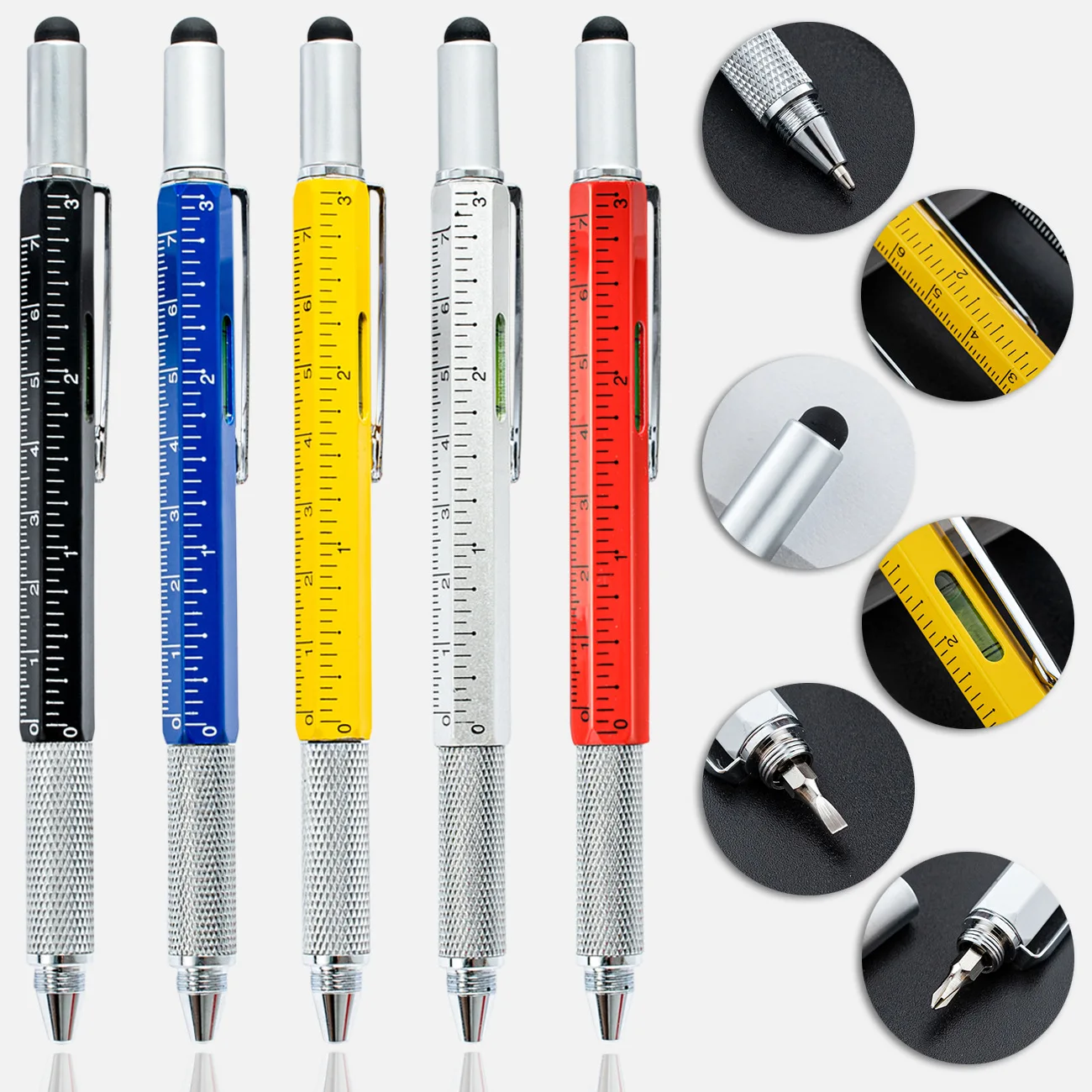 Custom Multi Tool Pen 6 In 1 Ballpoint Pen with Ruler Level Cross Flat Head Screwdriver Touch Screen Pocket Multitool Pen