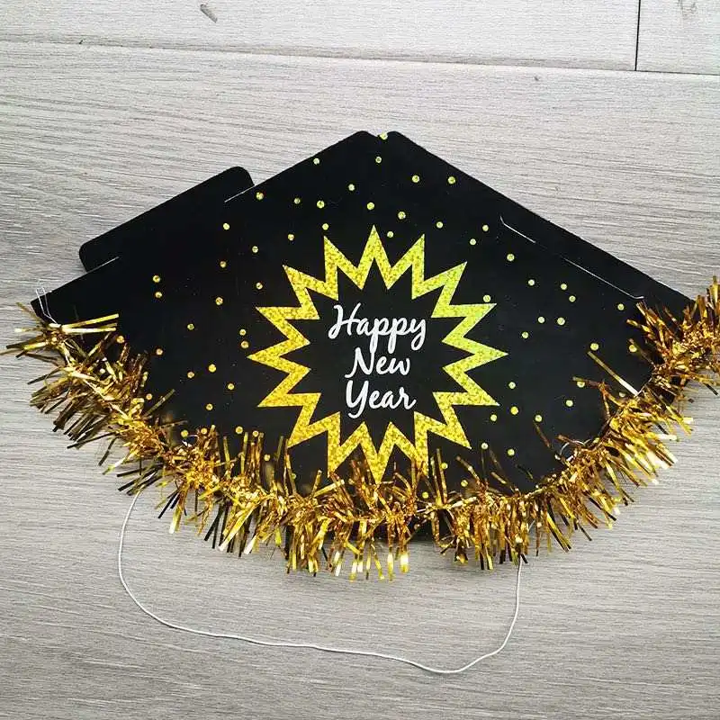 Gold Black Silver Happy New Year 2025 foil Paper caps Hats with tinsel fringe photo props for New Year eve Party decor supplies