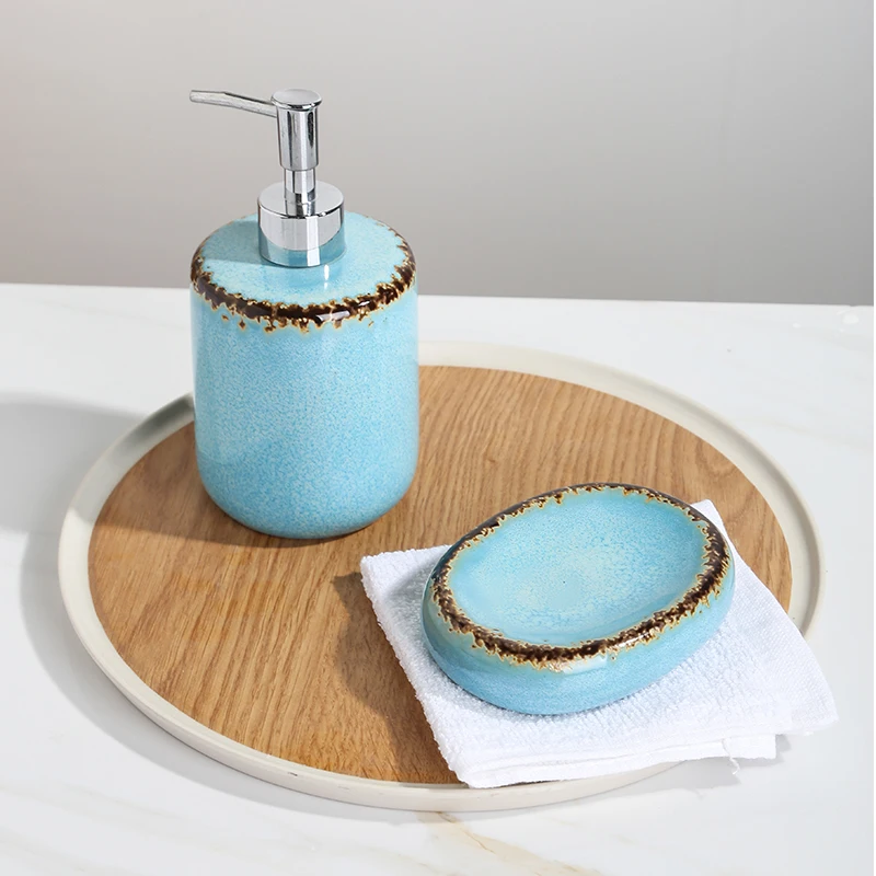 Customized Blue Glazed Hotel Shower Used Hand Soap Dispenser Ceramic Bathroom Set Bathroom Products Accessories Set