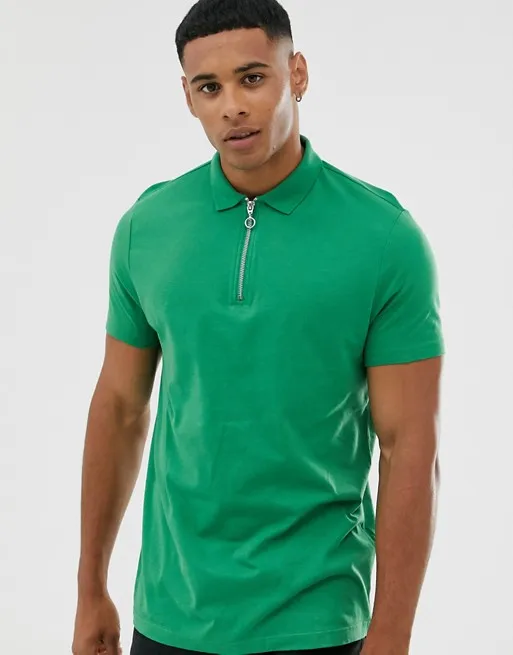 Custom Leisure Design 95%Cotton 5%Elastane Blank Green with Zip Placket T-Shirt Polo