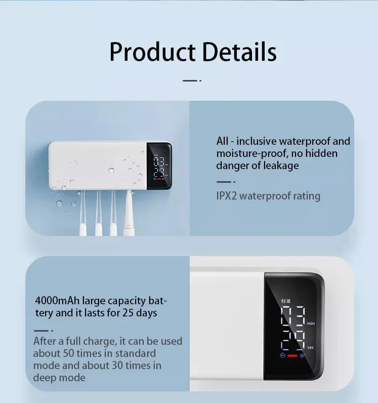 Built-in turbo Fan Dry And Uv Sterilization Toothbrush Holder UV light disinfection box with big screen digital display