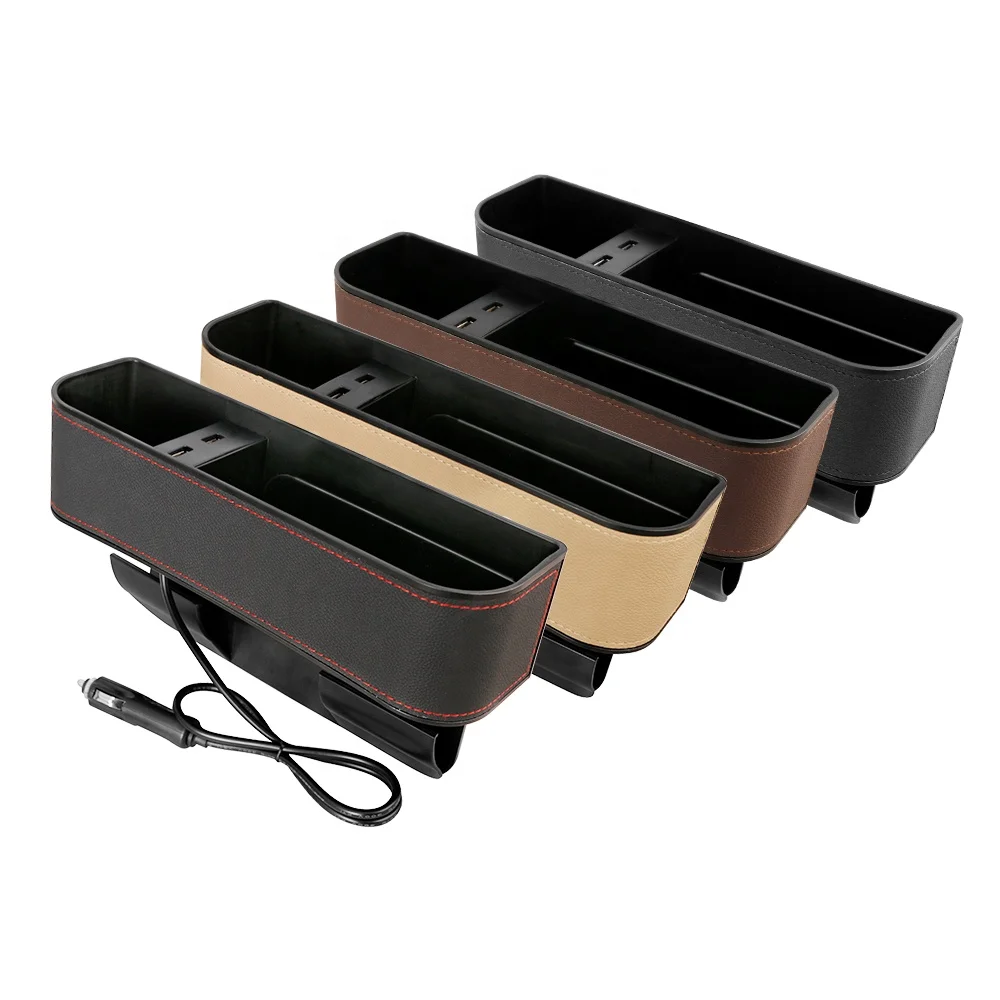Leather Car Seat Side Gap Organizer Box with Dual USB Interface and Cup Holder