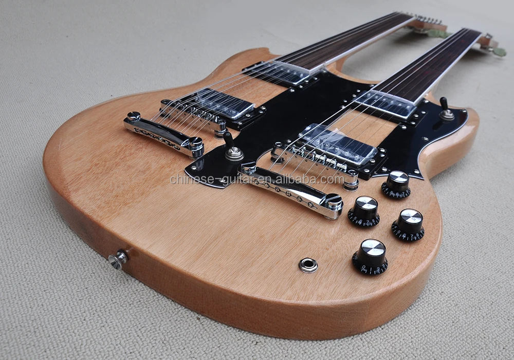 Flyoung Natural wood color Cheap Price Double Neck 6 + 12 Strings Electric Guitar Fretless Guitar