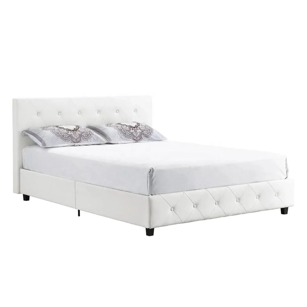 Latest White Faux Leather Upholstered Queen Bed With Pull Buckle