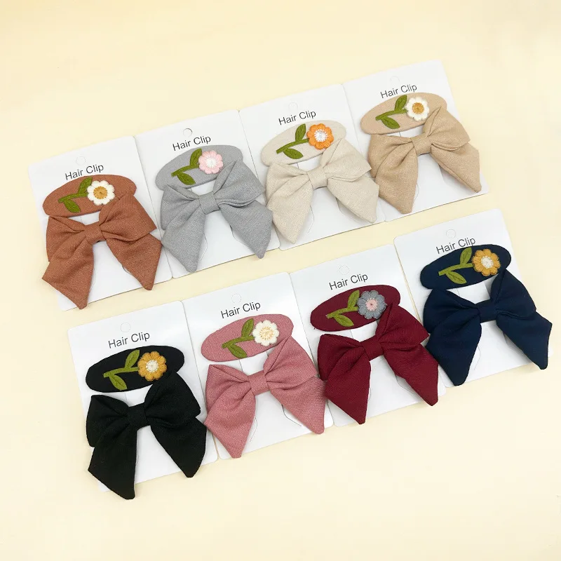 Cross-border children fabric embroidered hairpin autumn and winter floral bow hair accessories set princess sweet headdress