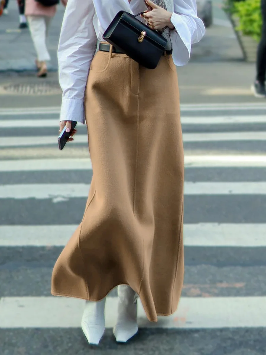 Ladies Hight Waist Long Maxi Straight Skirt Retro Brown Wool Wrap Skirts for Women Vintage Woven 2 Piece Private Label Clothing Custom Logo Printed Embroidered