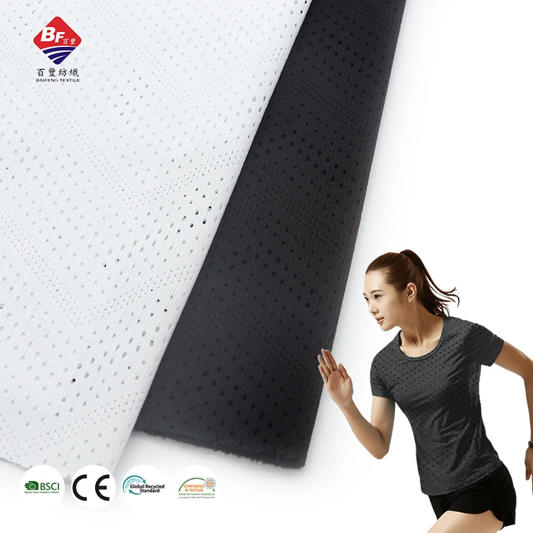 Recycled Breathable Mesh Fabric 100% Polyester Dyed Warp Mesh Eyelet Sportswear Fabric For Soccer Football Basketball Jersey