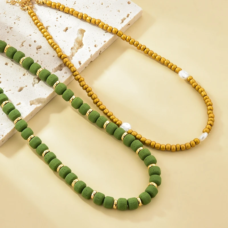 2022 New Design Style Polymer Clay Chokers Gold Glass Rice Double Layer Pendant Necklace For Women