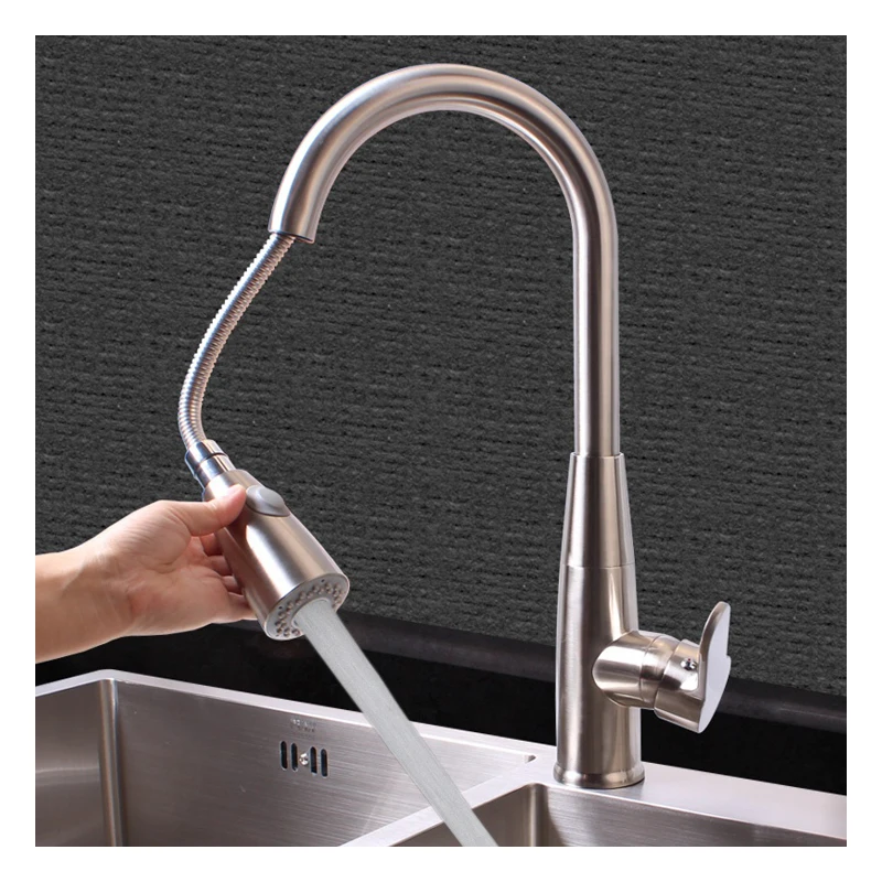 Stainless Steel Hot and Cold Water sink tap Flexible Hoses pull-out Kitchen Faucet and for single handle