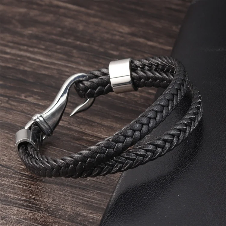 Innovative Products 2020 Stainless Steel Two Layers Genuine Leather Mens Fish Hook Bracelet
