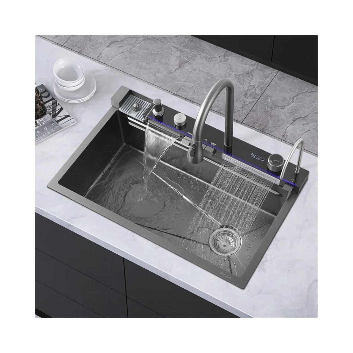 DQOK Kitchen Sinks 304 Stainless Steel Farmhouse Sink Modern Waterfall Rainfall Single Bowl Kitchen Sink Set Black
