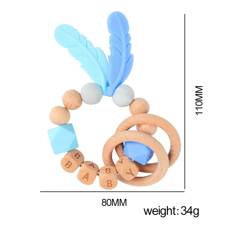 Unisex Wood Teether Soft Silicone Chewing Toy with Feather Massage Provides Gum Relief for Babies