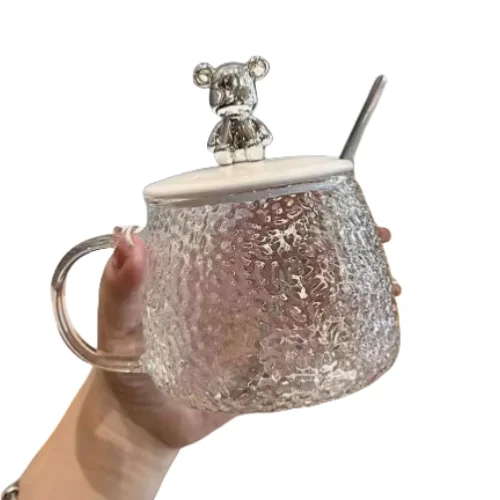 Bear Mug With Lid High-Value Glass Water Cup Souvenir Handle Flower Teacup Office Coffee Mug