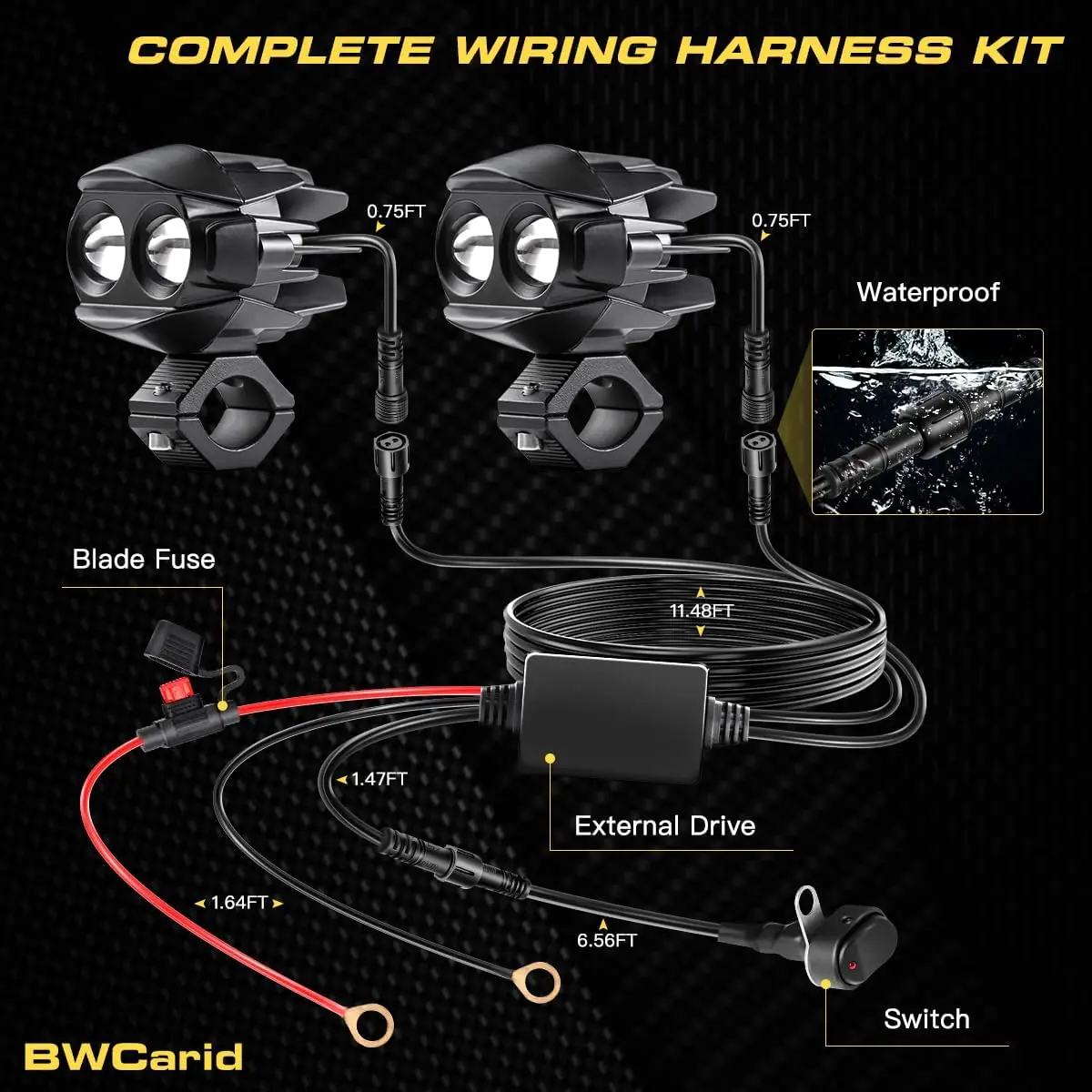 D7 LED Motorcycle Auxiliary Lights Kit 50W  Spot Driving Fog Lights Strobe with Switch Wiring Harness Clamp Brackets Kit