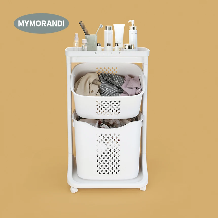 2-layer plastic bathroom decor storage laundry basket with wheels plastic dirty clothes basket