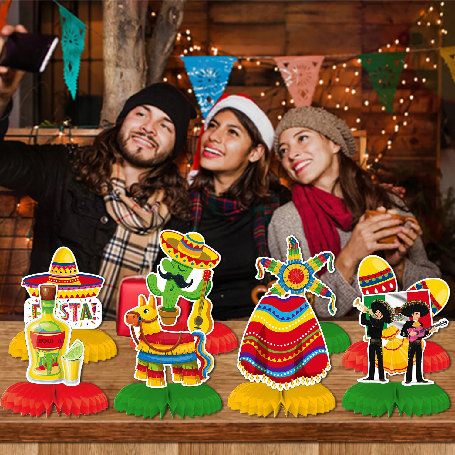 Mexican decor fiesta carnival theme decoration items honeycomb ball table decoration pull flag glasses doll