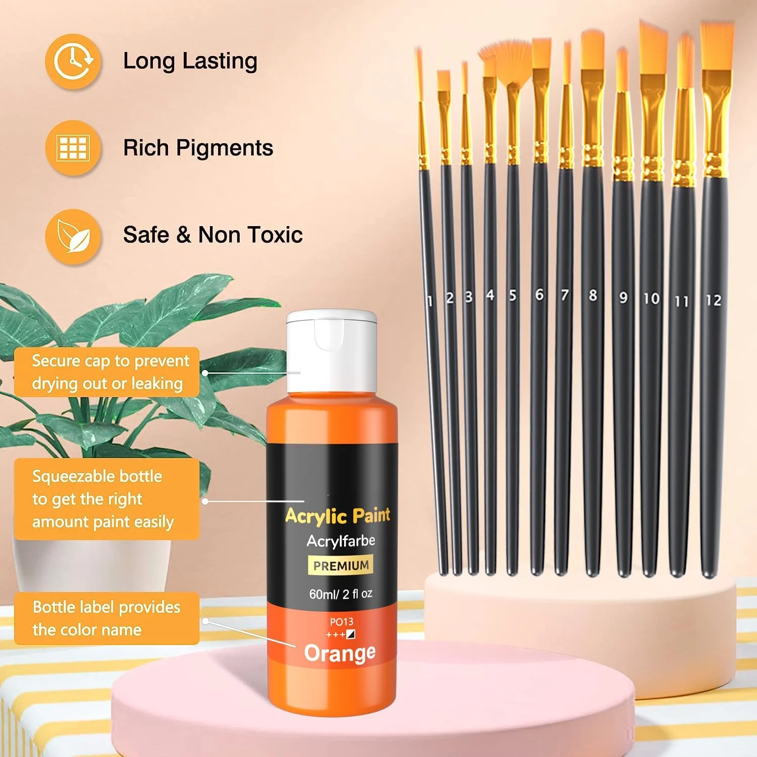 24 Colors 60ml/2oz Non-Toxic Waterproof Strong Coverage for Kids Adults Beginners Students Painting on Ceramic Acrylic Paint Set