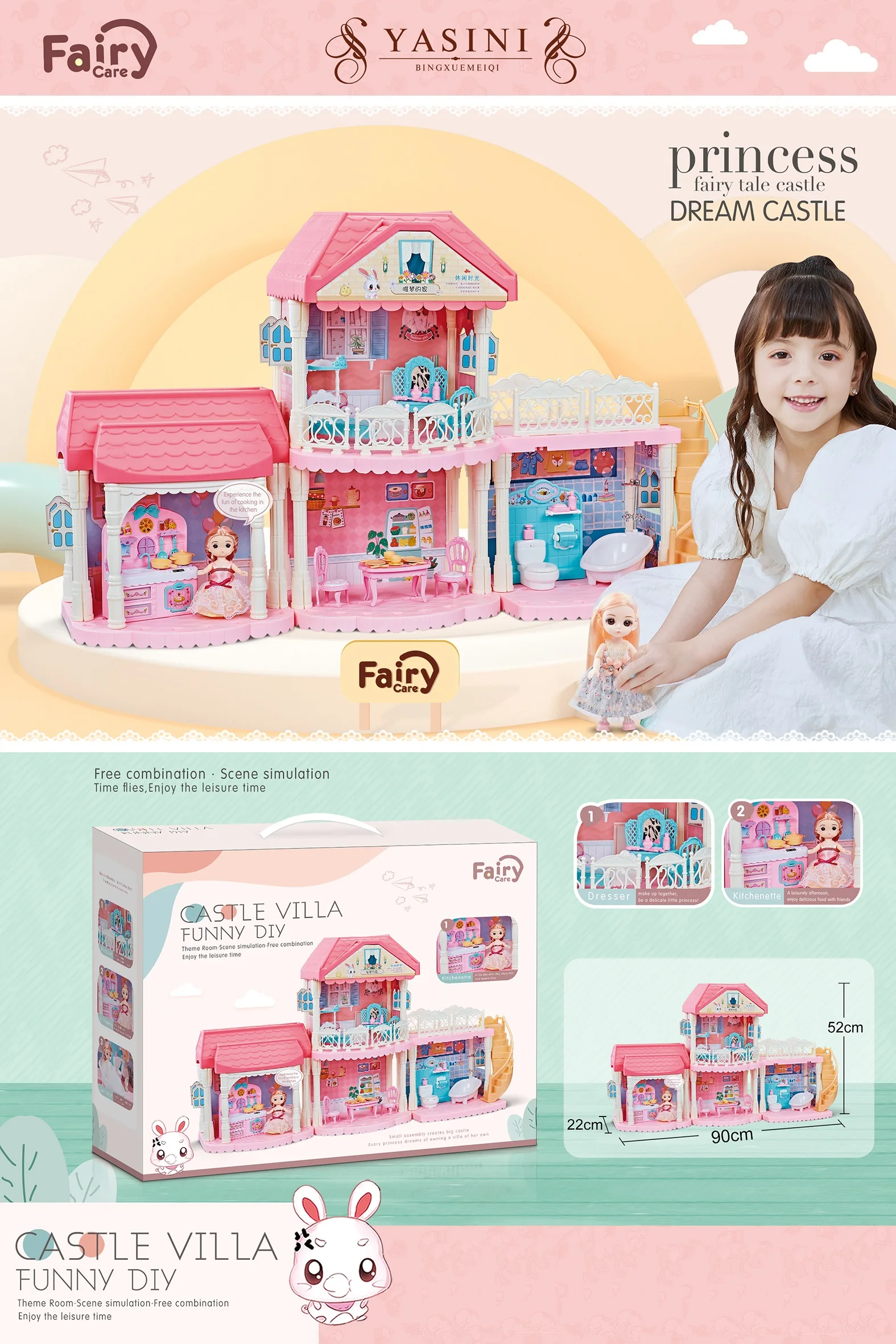 2023 Luxury DIY Rabbit Doll Big House Castle Villa Toy Set Miniature Furniture Bunny Play House Toys For Girls Birthday Gifts