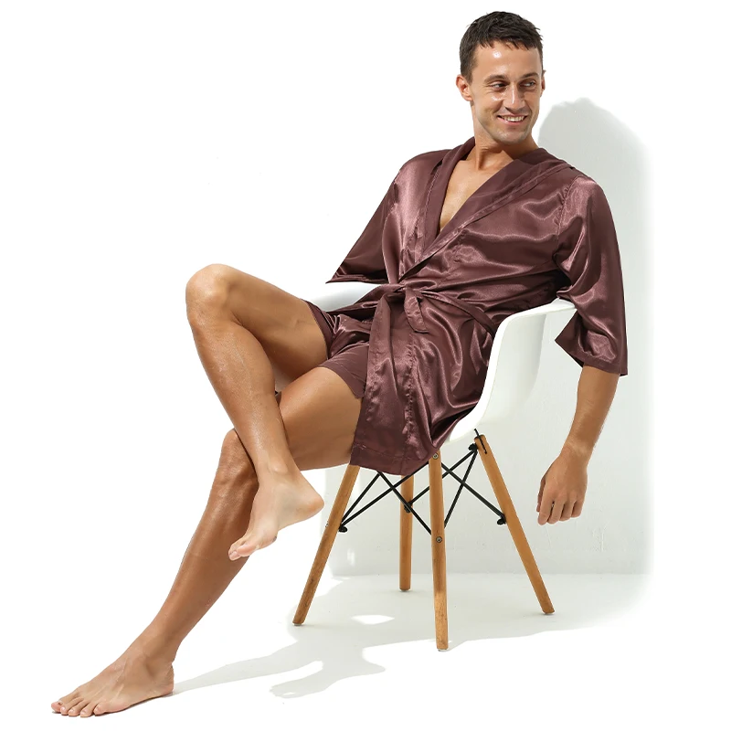 Hot Selling Men Summer Bathrobe Male Silk Short Sleeve Bath Robe Sexy Mens Dressing Gown Bathrobes(No shorts)