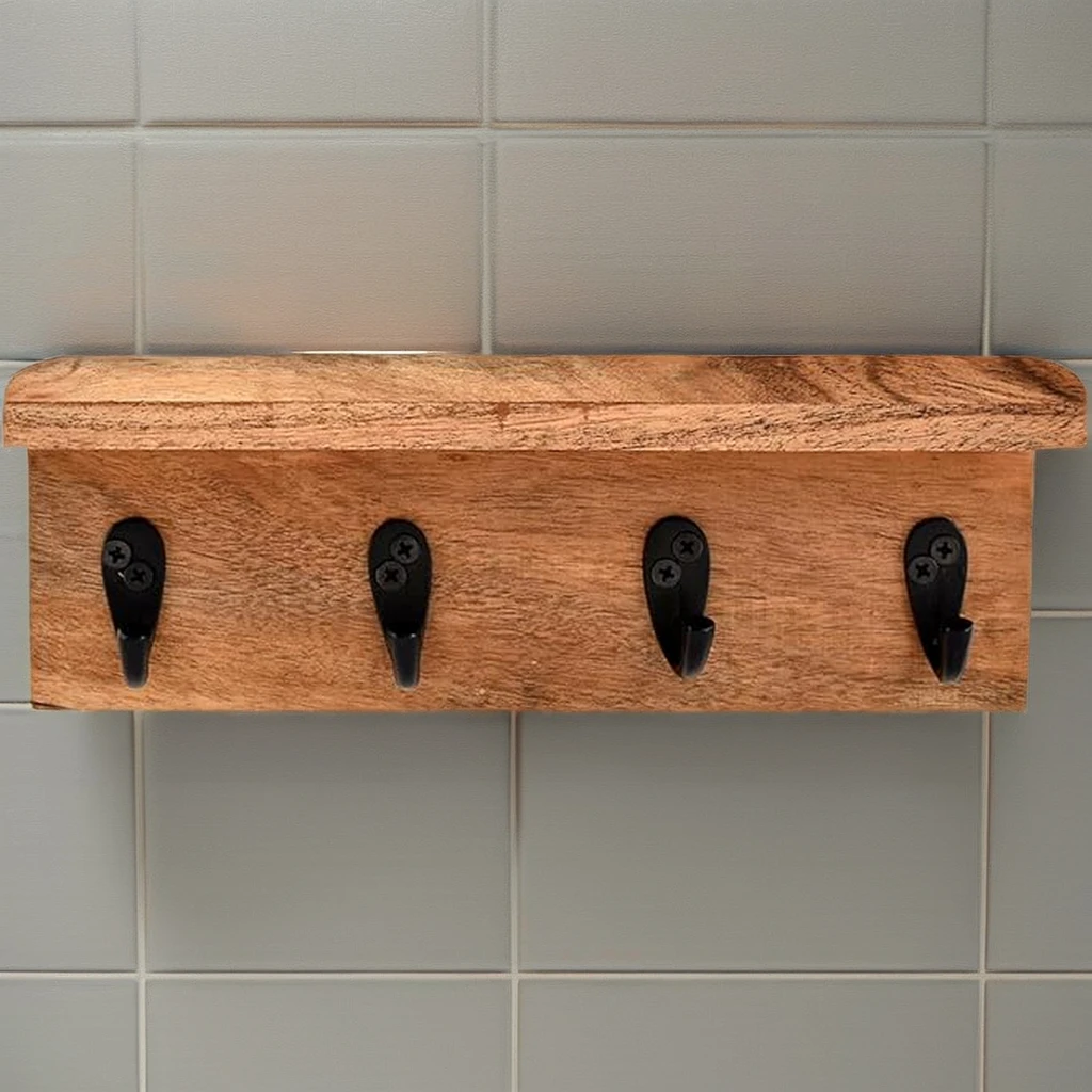 Acacia Wood Rustic Key Holder for Wall, Farmhouse Wall Shelf with 4 Hooks for Entryway Farmhouse Kitchen