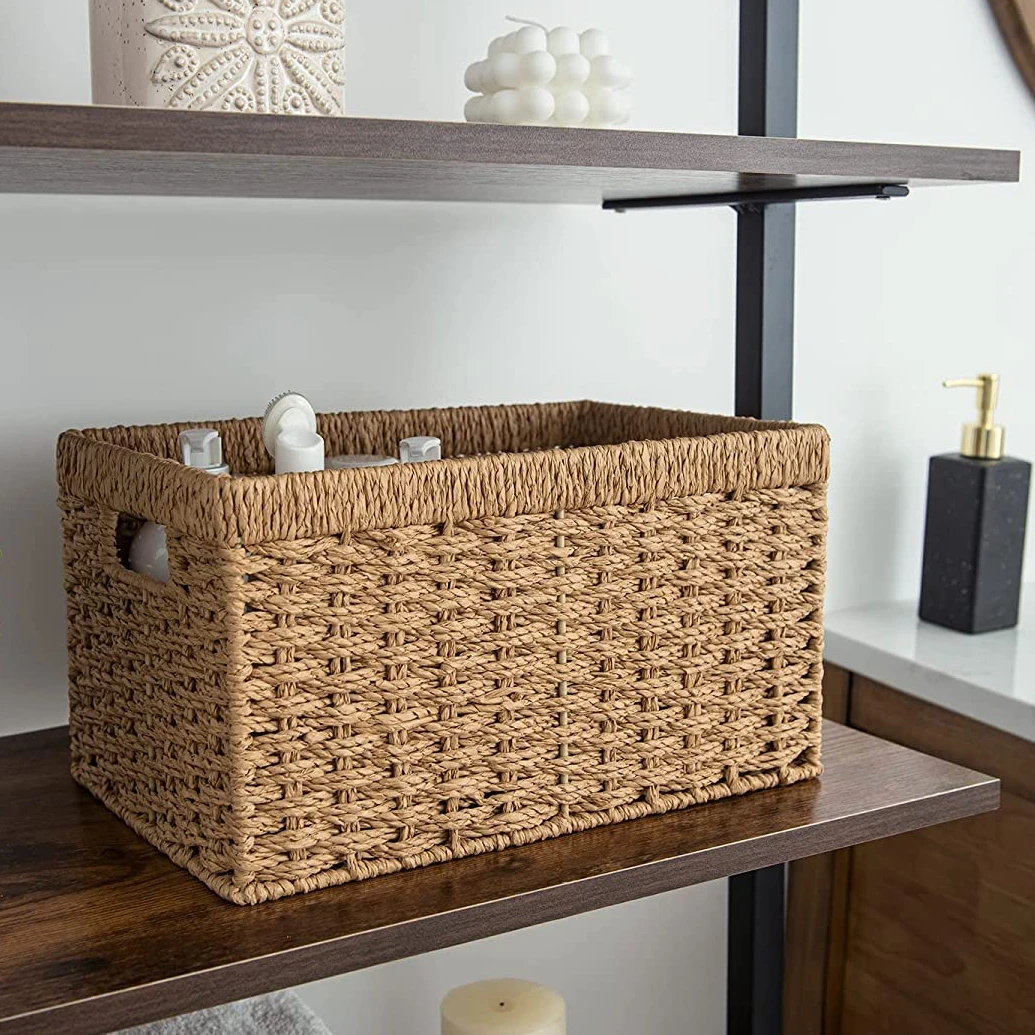 JY Rectangular Wicker Baskets with Built-in Handles Iron Frame Basket Storage Paper Rope Storage Baskets