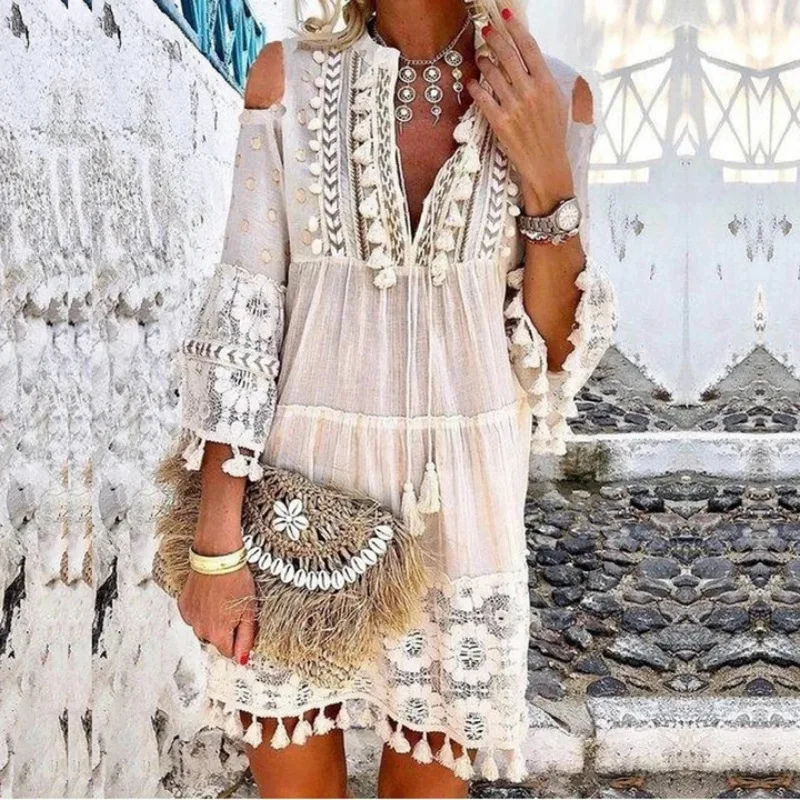 Causal 3/4 Sleeve V Neck Holiday Boho Dresses