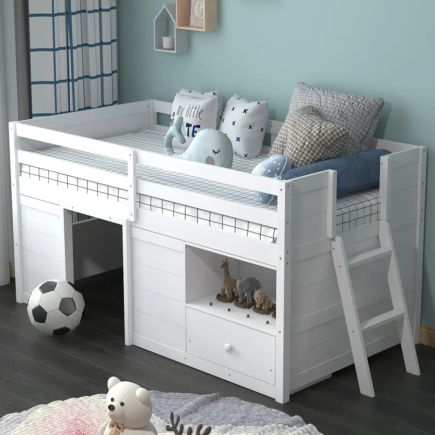 Twin Low Loft Bed with Underneath House & Storage Drawers Solid Wood Twin Loft Bed with Integrated Ladder & Guardrails