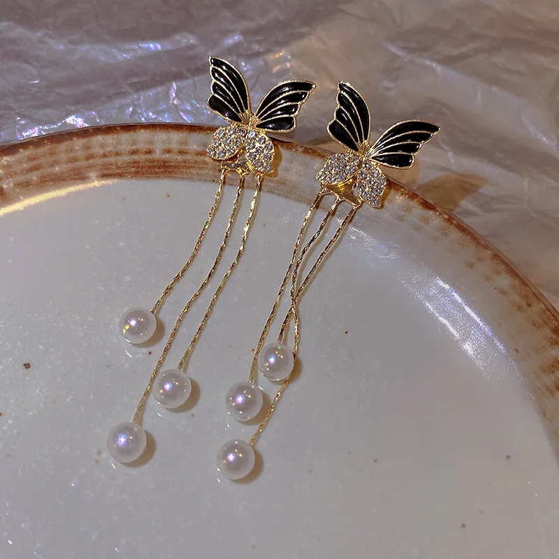 Two Ways Wearing Black Butterfly Earrings 2022 S925 Silver Needle Long Tassel Pearl Earrings for Women