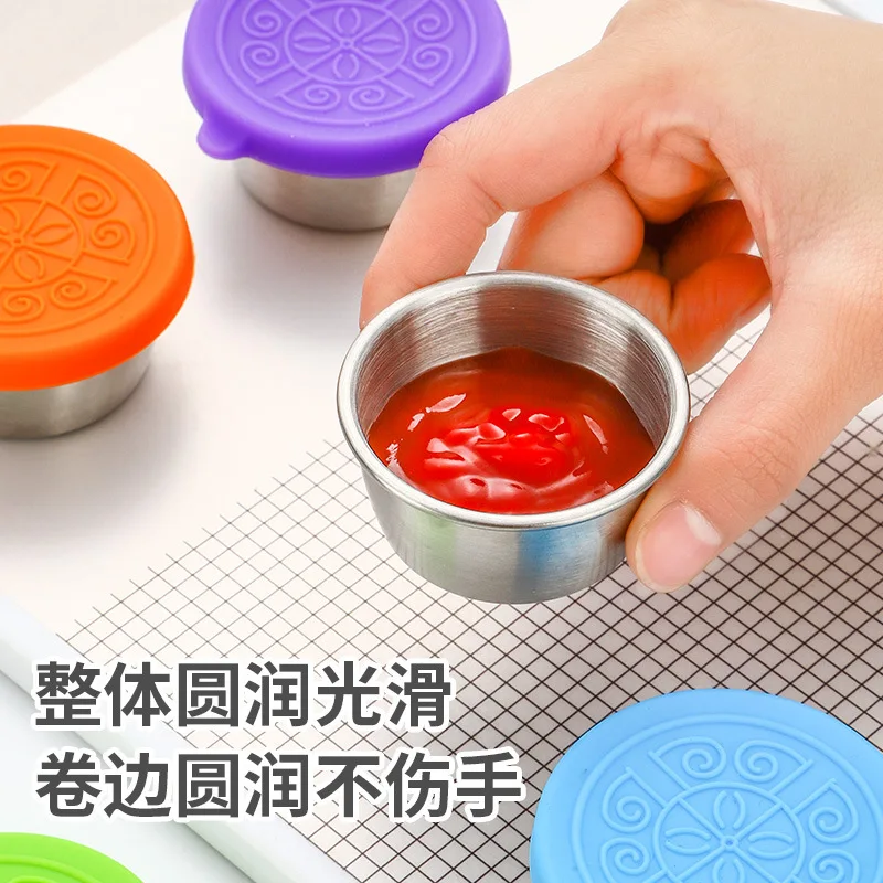 Portable 40ml Stainless Steel Sauce Cup with Silicone Lid for Ketchup Salad Dressing Kitchen Use