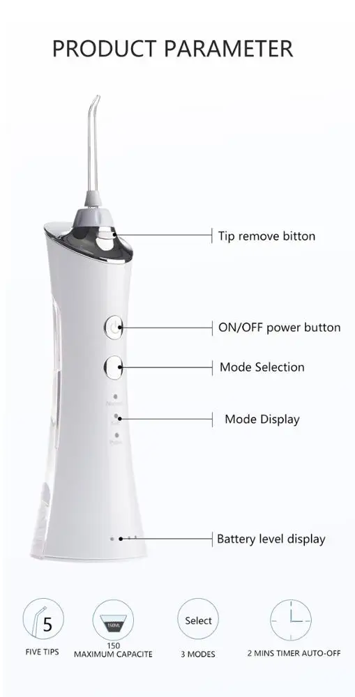 
Cordless Water Flosser Portable Professional Dental Oral Irrigator 150ml Reservoir IPX7 Waterproof With 5 Jet Tips for Home 