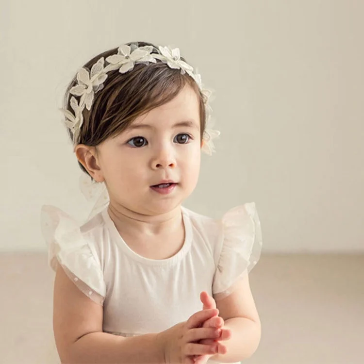 Stock RTS elastic princess white flower lace girls  headband baby hair accessory headband