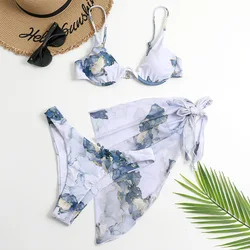 New Sexy Marble Print Push Up bikini Women Swimsuit Female Swimwear 3-piece Bikini set V-Bar Wired Short Skirt Bathing suit Swim