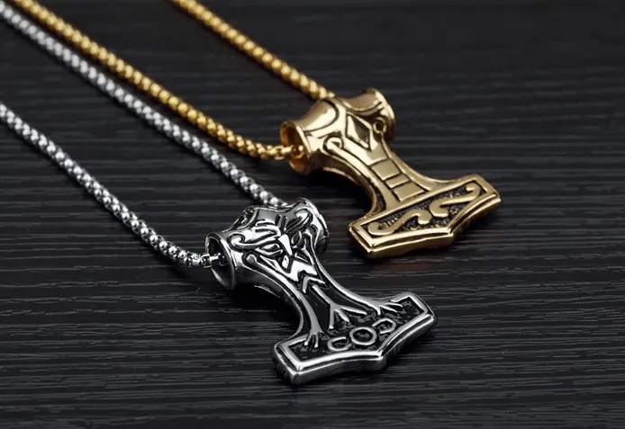 Cool stainless steel mens  gold jewelry necklace thor hammer necklace