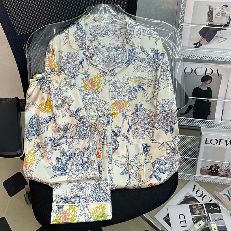 Light Luxury Spring and Summer New Silky Pajamas Women Monet Flowers Senior Sense of Long-sleeved Cardigan Temperament Homewear