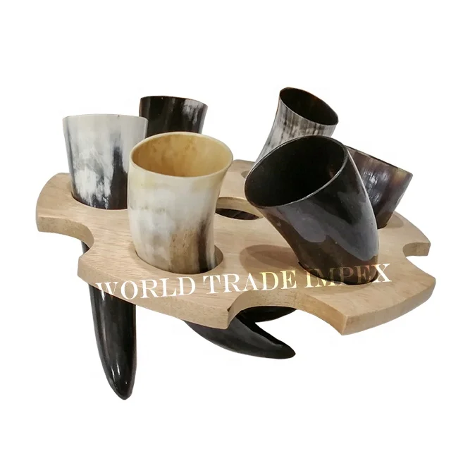 Best selling father day gift item 6 drinking horn set with wooden rack