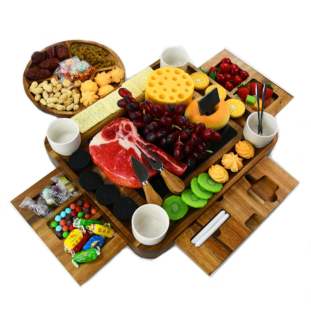 Luxury Marble Cheese Board Set Charcuterie Acacia Serving with 3 Drawers