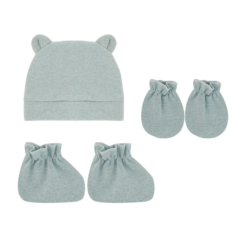 Newborn baby keep warm mitten booties set cute design plain color baby hats and mittens set