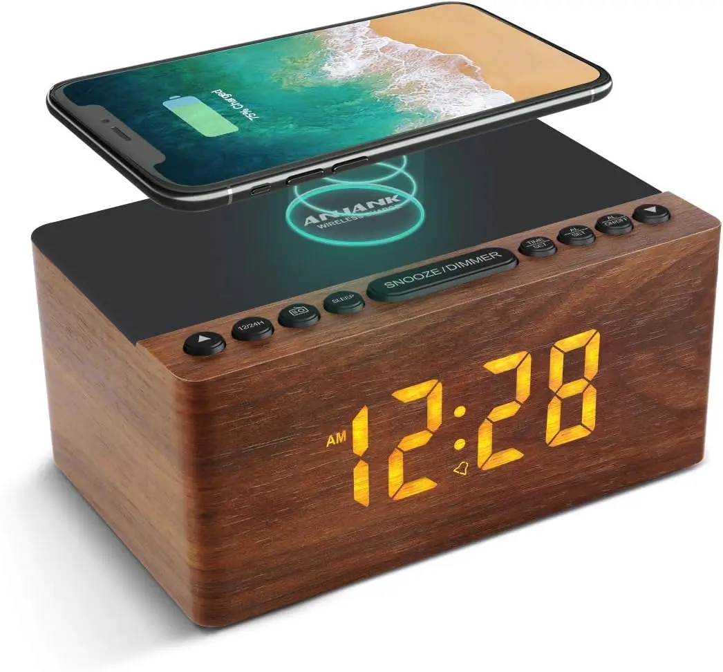 Digital LED Alarm Clock FM Radio Fast Wireless Charger Station  5 Level Dimmer USB Charging Port
