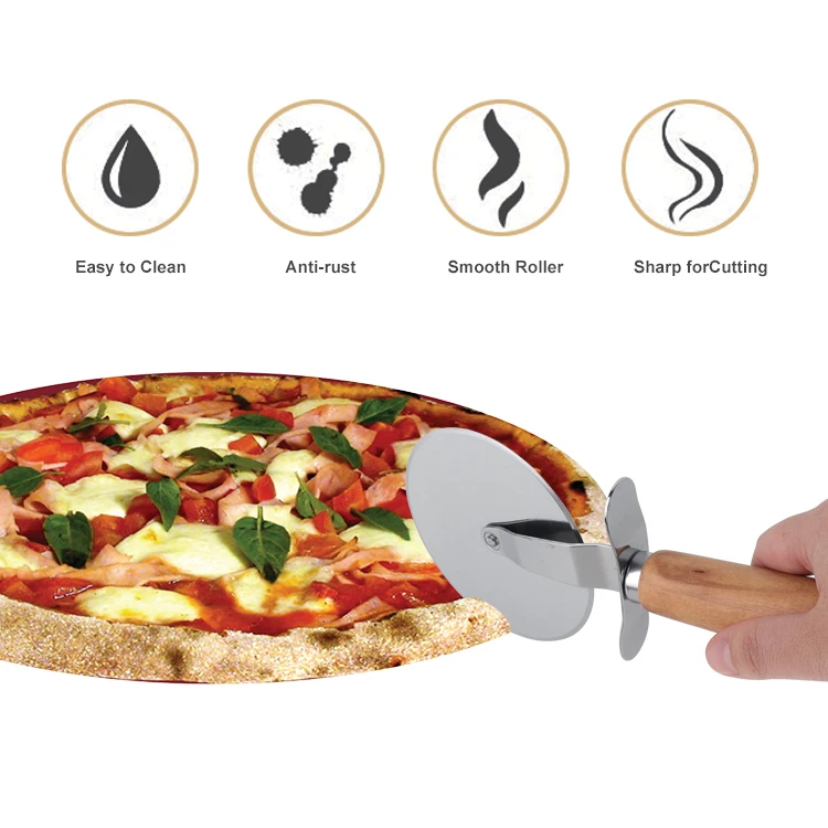 ANJUKE Wholesale Stainless Steel Kitchen Pizza Slicer Tools Natural Wooden Handle Pizza Wheel Wood Pizza Cutter
