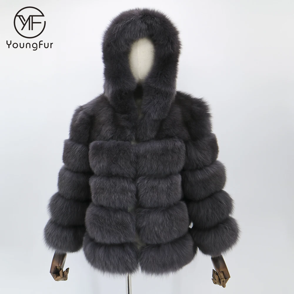 Winter Warm Soft Thick Fox Fur Coat Ladies Long Sleeve Natural Fur Jacket Hooded Fur Coat Women